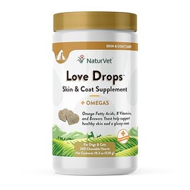 NaturVet Love Drops Plus Omegas Skin & Coat Supplement for Dogs and Cats – for Dog Skin, Cat Coats – Includes Brewer’s Dried Yeast, Omega-3, Omega-6 – Peanut Butter Flavor – 200 Ct.