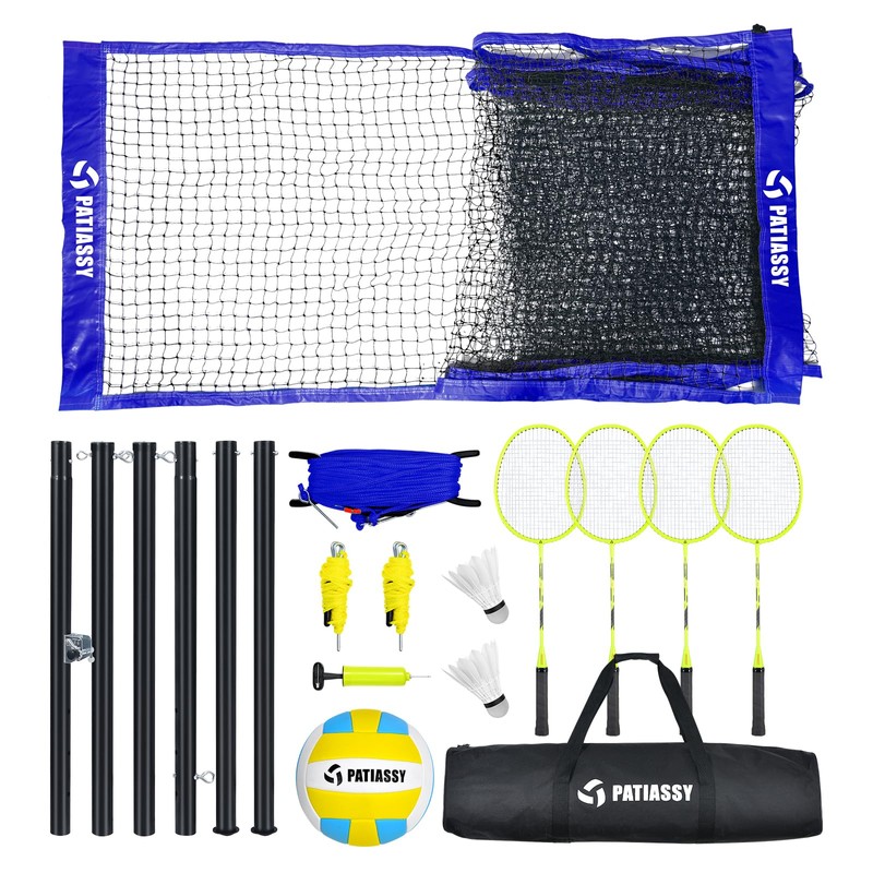 Volleyball Badminton Net Set Combo for Backyard Beach, 2-in-1 Adjustable