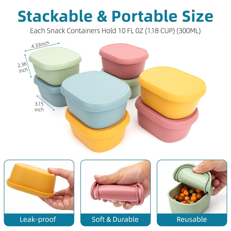 fecoqi 10oz(8pcs) Silicone Snack Containers Food Storage Containers, Reusable Small