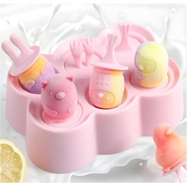 KADIGO Moldes para Paletas de Hielo, 6 Moldes de Helado en Forma de Animal, Molde de Silicona, Moldes de Paleta Mini con Base para Congelador, Caja de Paletas de Hielo Reutilizable (Rosa, Rectángulo)