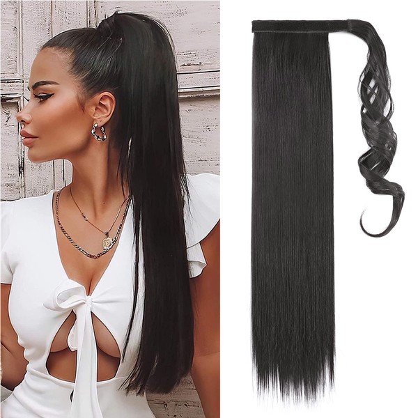 55.8 cm Ponytail Extensions, Straight Long Hairpiece, Braid Clip-In Ponytail Extension, Synthetic Hair Extensions, Hair Extensions Like Real Hair, Dark Black