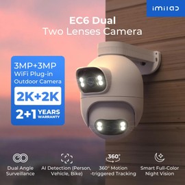 IMILAB EC6 Dual 2K+2K Plug-in Outdoor Security Camera: Outdoor Camera for Home Security w/Motion Spotlight/Siren, Wired 360° Rotate Cam, Person Tracking, 24/7 Continuous Recording, Color Night Vision