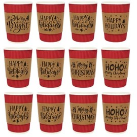 Afarnook 100 Sets 12 oz Christmas Disposable Coffee Cups with Lids and Sleeves Insulated Ripple Wall Paper Coffee Cups for Christmas Party Supplies
