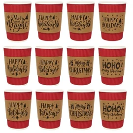 Afarnook 100 Sets 12 oz Christmas Disposable Coffee Cups with Lids and Sleeves Insulated Ripple Wall Paper Coffee Cups for Christmas Party Supplies