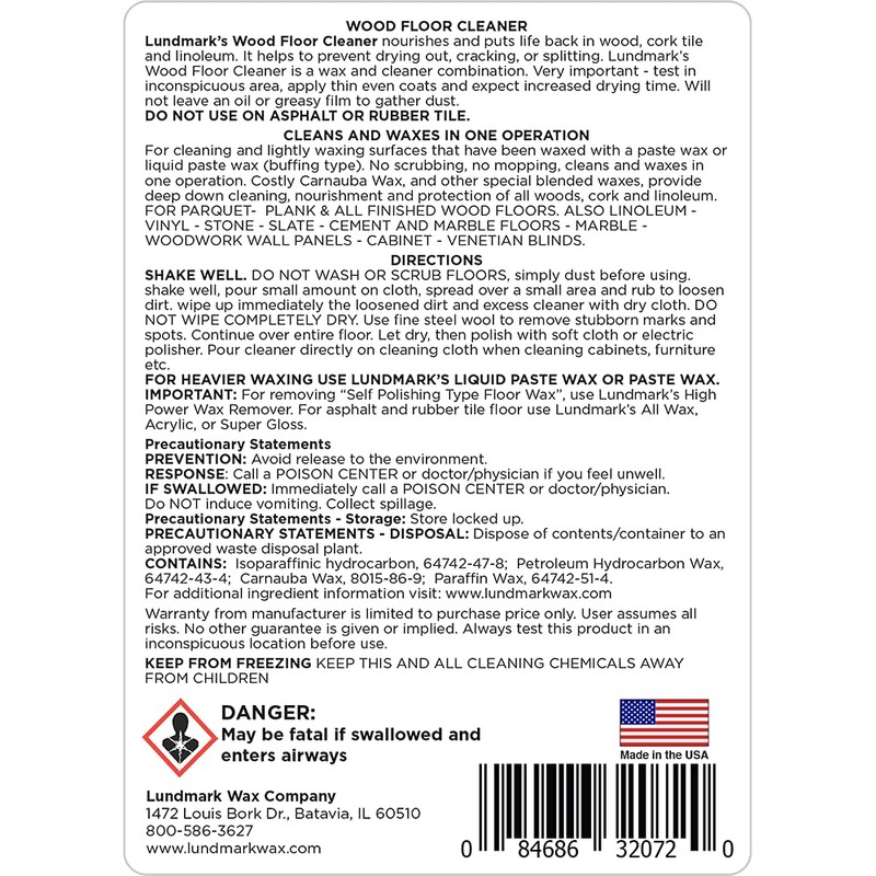 Lundmark Wood Floor Cleaner, for Paste Wax Finish Floors with