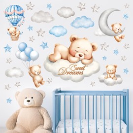 DECOWALL SG2-2407 Sweet Dream Bear Wall Stickers Decals Baby Room Décor Nursery Boy Wallpaper Decorations Home Blue Moon Stars Teddy Peel and Stick Bedroom Playroom Sleeping Cloud