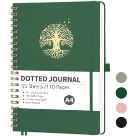 RETTACY Bullet Dotted Journal - A4 Notebook Hardcover Leather Journal,Dot Grid Notebook 110 Pages for Writing,Hardcover Leather Sketch Book, with Bookmark,Journal Stencils, Inner Pocket - DarkGreen