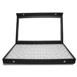 Novel Box Large Jewelry Display Case 14.75x8.25x1.15 + 50 Gems Jars - Snap Close Jewelry Box Attached Clear Acrylic Lid & White Tray Foam Liner - Rock Storage Box - Display Box for Collectibles
