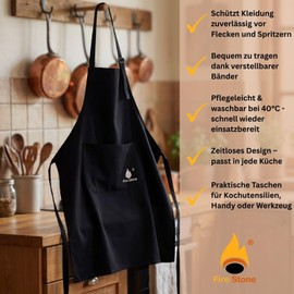 Fire Stone Kitchen Apron, 70 x 80 cm Long, Cooking Apron, Cotton, Black, Apron with 2 Pockets, Unisex, black