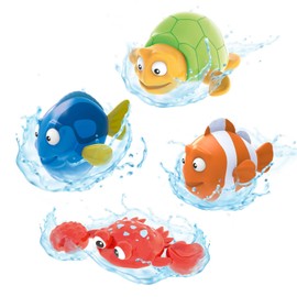 INKEE Toys Wind-Up Pack of 4 - 4 Pieces Wind-Up Bath Toys 1 x Turtle 1 x Crab 1 x Clown Fish & 1 x Blue Tang - Bath Toy Children