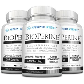 Approved Science BioPerine - Black Pepper Extract - Enhance Bioavailability - 180 Tablets - Vegan - Made in The USA