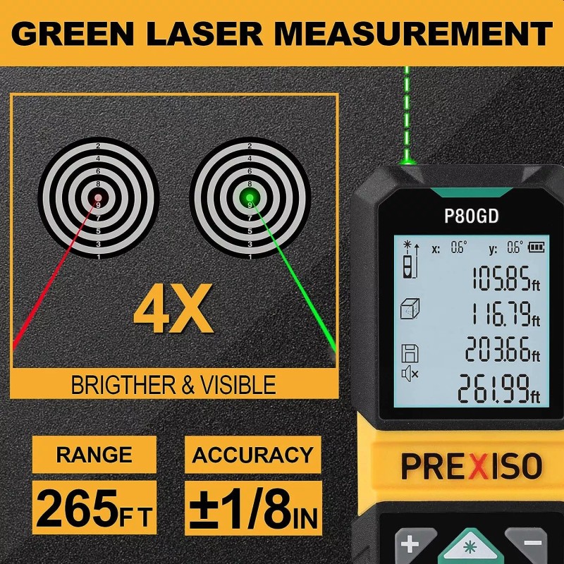 PREXISO Laser Measure Rechargeable 265FtGreen Beam LaserMeasureme