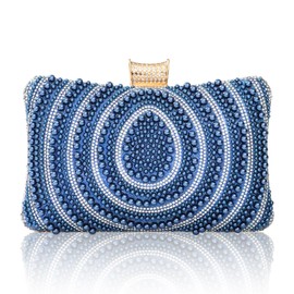 Beaguful - Bolso de mano para novia, boda, noche, con abalorio de perlas para mujer, bolsa de embrague de lujo con cadena, Azul