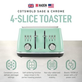 Haden Cotswold 4 Slice Extra Wide Slot Toaster with Cool Touch Exterior, Removable Crumb Tray, and 6 Variable Browning Control, New Sage