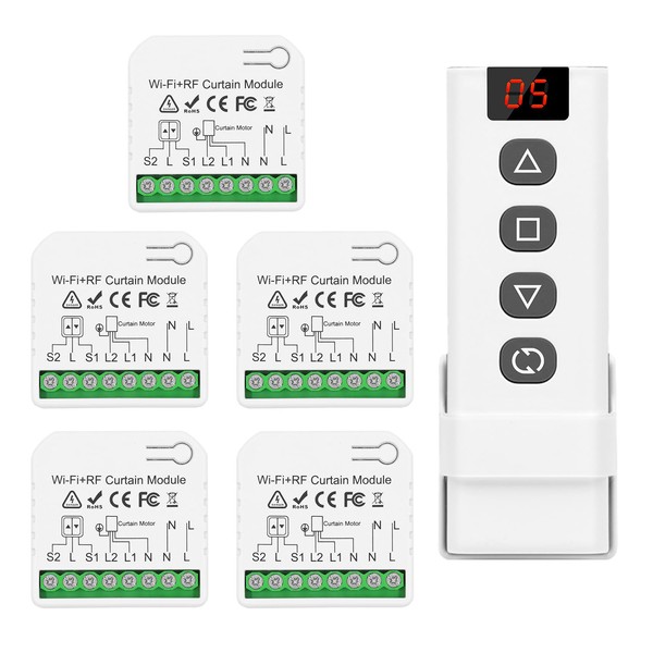 DieseRC 5-teiliges kabelloses Smart-Rollladen-Steuerungsmodul mit 1-teiliger RF-Fernbedienung, WIFI-Steuerung, kompatibel mit