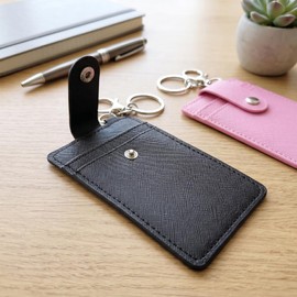 ZAYOIZY 2 Pack Slim Credit Card Holder Back/Front Pocket Purse Wallets, Faux Leather ID Badge Holders for Carrying Keys, Metro Cards, with Metal Clasps&Key Rings (Black, pink)