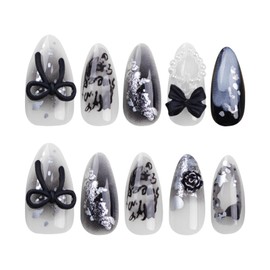 Almond Press on Nails Medium, Pearl Full Cover Fake Nail, Glossy Acrylic False Nails, Black Bow Heart Rose Three-D Designs Almond Nails Glue on Nails for Women