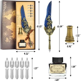 LSFCHYBY Quill Feather Pen and Ink Set,Calligraphy Set,Calligraphy Kits Include Antique Quill Feather Pen,5Nibs,1 Bottles Inks,Pen Holder for Beginners Birthday Gift (Treasure Blue)