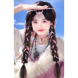 NT-ling 2Pcs Braided Ponytail Extensions with Hair Ties Soft Synthetic Hair Pieces for Women Girls Daily Wear 19.7 Inch Suitable for parties, birthdays, weddings (Pink)