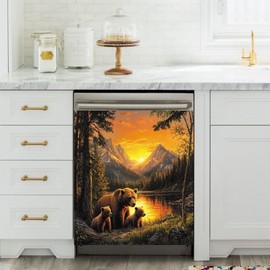 Lakeside Brown Bear Family Dishwasher Metal Magnet Cover Sheet, Forest Sunset Reflection Magnetic Sticker for Dishwasher Front Door, Refrigerator Decoration Vinyl Decal 23" x 26" Magnetic