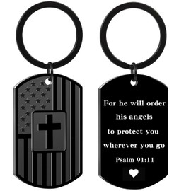 Qibote Christian Gifts for Men Boys, Dog Tag Cross Bible Verse Keychain Gifts for Easter Christmas Birthday, Black, Small