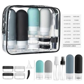 Juego de 16 Botellas de Viaje de Silicona, Kit de Viaje Aseo Personal con Etiqueta Recipientes, A Prueba de Fugas, Sin Bpa, Recargables para Loción, Champú, Acondicionador y Gel de Ducha