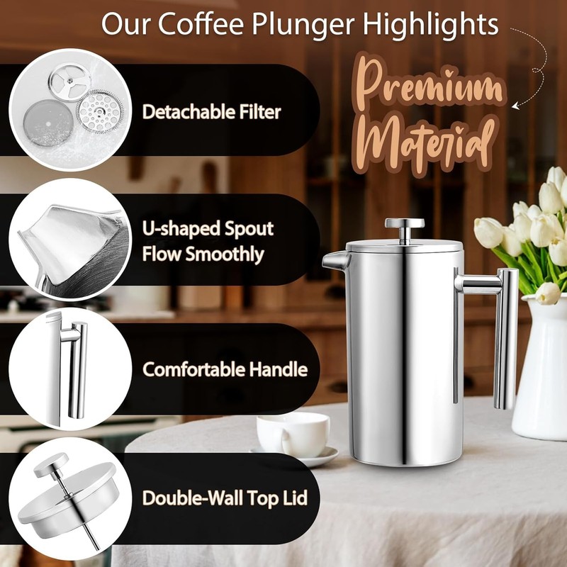 Miuly 34oz French Press Coffee Maker Stainless Steel Insulated Coffee