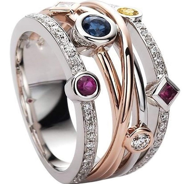 AZQ 925 Sterling Silver Shiny Full Diamond Ring Sapphire Ruby