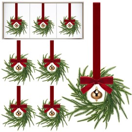 Lyrow 8 Pcs Mini Christmas Kitchen Cabinet Wreaths with Ribbon Artificial Leaves Berries Hanging Wreaths for Home Front Door Christmas Holiday Indoor Decor(Neutral Style)