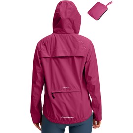 Bikewa Women's Cycling Rain Jackets Waterproof Windbreaker Lightweight Running Windproof Reflective Jacket Packable Hooded(Rose Red,L)