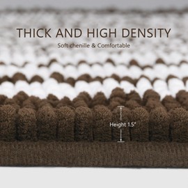 Starryle Bathroom Rugs Set 2 Piece, Extra Soft and Absorbent Fluffy Striped Chenille Bath Mat Rug Set, Non Slip Bathroom Floor Mat, Machine Washable (20" x 32" Plus 16" x 24", Coffee)