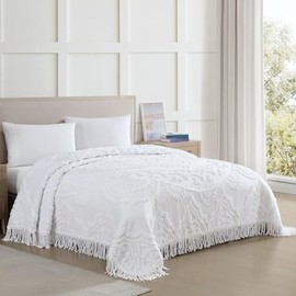 1 Piece Cotton Tufted Floral Pattern Chenille Bedspread King Size Intricated Texture Fringe Borders | All Seasons Bright White Coquette Bedding Aesthetic Look Luxury Coverlet Soft Cozy Plush Feel