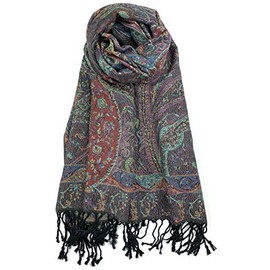 Plum Feathers Pashmina Scarf with Ethnic Tapestry Style Paisley Pattern - 67" x 28" Everyday Pashmina Travel Wrap and Shawl (Black Multi Tapestry)