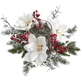 Nearly Natural Artificial White Green 1 Frosted Magnolia and Berry Candelabrum
