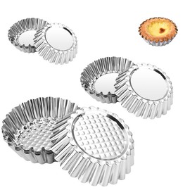Ruayia Pack of 12 Tartlet Moulds, Small, Reusable Tartlet Moulds with Non-Stick Coating in 3 Sizes, Round Baking Mould Set Made of Stainless Steel for Mini Cakes, Tarts and Quiche