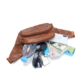 DAITET PU Leather Fanny Pack for Men&Women, Crossbody PU Leather Waist Bag with Adjustable Belt, Large Capacity Bum Bag for Traveling Hiking Cycling Workout Casual(PU Khaki)