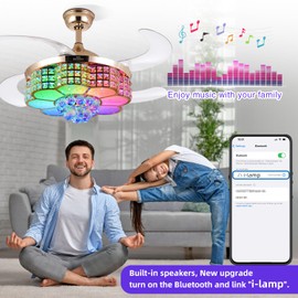 BAYSQUIRREL Retractable Crystal Ceiling Fan with Light, Bluetooth Ceiling Fan with Speaker, RGB-LED Light 6 Speed Reversible Low Profile Modern Invisible Ceiling Fan,Remote and APP Control