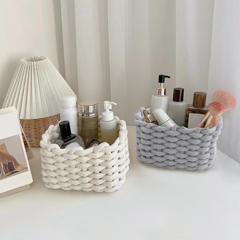 2 Pack Small Woven Baskets, Natural Cotton Rope Woven Baskets