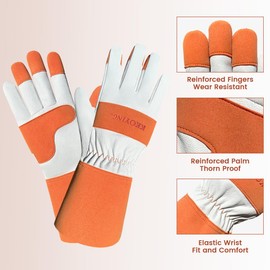 KKOYING Gardening Gloves, Long Thorn Proof Garden Gloves for Women and Men, Goatskin Breathable Leather Work Gloves for Gardening, Pruning, Yard Work, Brown, L