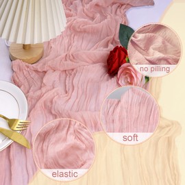 2pcs Long Cheesecloth Table Runner, 35 x 118 Inch Pink Boho Gauze Table Runner for Wedding, Round Table, Party
