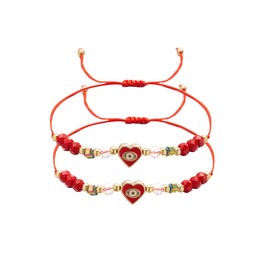ZMJK Adjustable Heart Beaded Bracelet 2pcs Love Eye Braided Bracelet for Women Men Beaded Rope Anklet Jewelry Evil Eye Bracelets Couple Best Friend Bracelets (Red)
