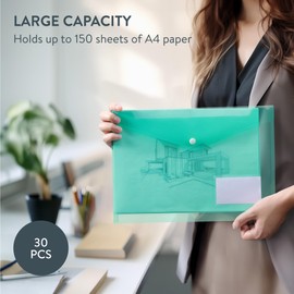 H&S 30pcs A4 Plastic Wallets Folder Foolscap Document Files Popper Wallet Envelope Folders Pockets Clear Green Red Blue Yellow