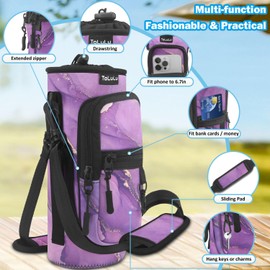 Water Bottle Bag Carrier, 25/32/40oz Insulated Neoprene Bottle Sling Holder Case Pouch Cover with Shoulder Strap for Women Men, Crossbody Water Bottle Sleeve for Hiking Camping, 32oz Purple Marble