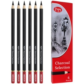 Pepy Professional Medium Charcoal Pencil Drawing Set – Set of 6 Pre-Sharpened Black Charcoal Pencils; Perfect for Drawing, Sketching, Blending and Shading