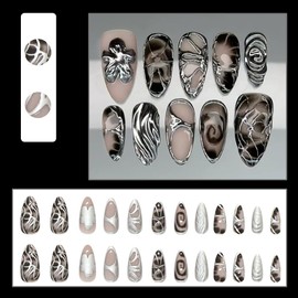 Almond Press on Nails Medium False Nails French Tip Fake Nails with Embossed Designs Stick on Nails Silver Glossy Artificial Nails for Women 24cps