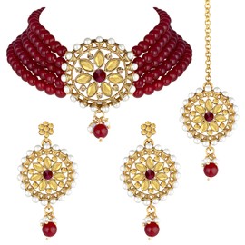 Aheli Kundan Pearl Choker Multi Layered Collar Pendientes con Manng Tikka Set Joyería de boda tradicional india para mujeres niñas (granate)