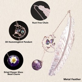 SAYEEC Metal Feather Bookmark Rose Gold Bookmarks with 3D Hummingbird Pendant Unique Book Marks Page Marker Teacher Appreciation Mother's Day Valentine's Day Birthday Gifts for Women Girls Book Lovers