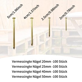 GIONAR Pack of 400 Nails for Wooden Nails, Small Nails for Hangers for Pictures, Brass-Plated Nails with Round Head for Woodworking, Wall Hanging and DIY (20 mm/25 mm/40 mm/50 mm)
