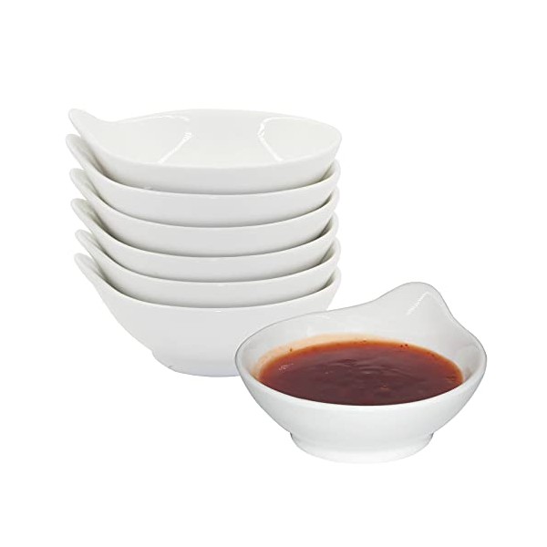 Belinlen 3oz 6 Pack Serving Dishes, Series Ramekin, Ceramic Dipping Bowls Porcelain Soy Sauce Dish Mini Ramekins Soy Sauce Bowls with Handles, Porcelain Snack Dessert Bowl for Sauce, Soy, BBQ (White)
