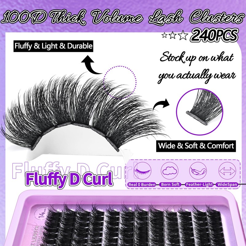 ONLY 14MM Lash Clusters 100D Individual Lashes 240Pcs Cluster Eyelash